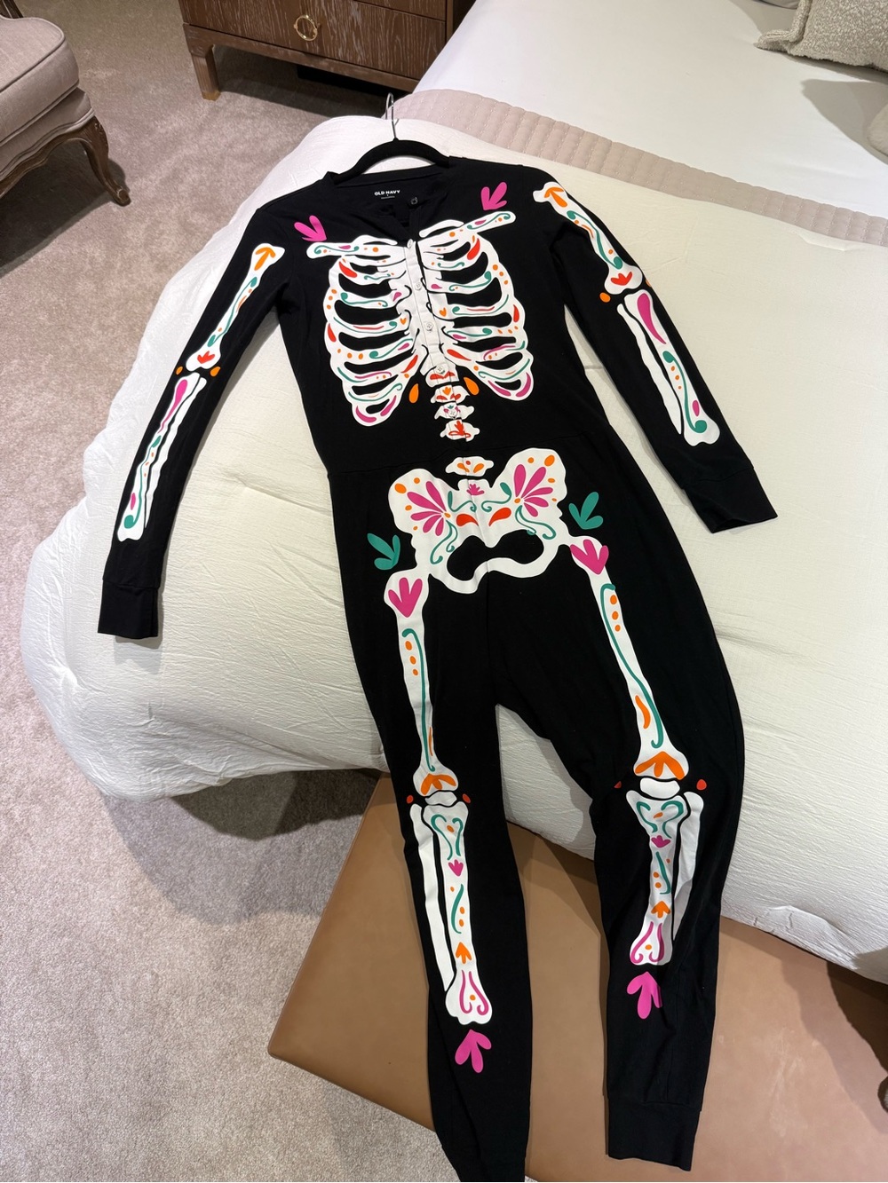 Women’s onsie skeleton Halloween pajamas outfit Old Navy